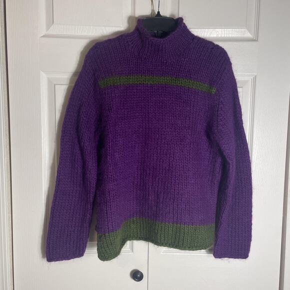 Vintage Y2K Shanghai Tang Sweater Women Large Purple Green Hand Knit Wool Chunky - Picture 1 of 11